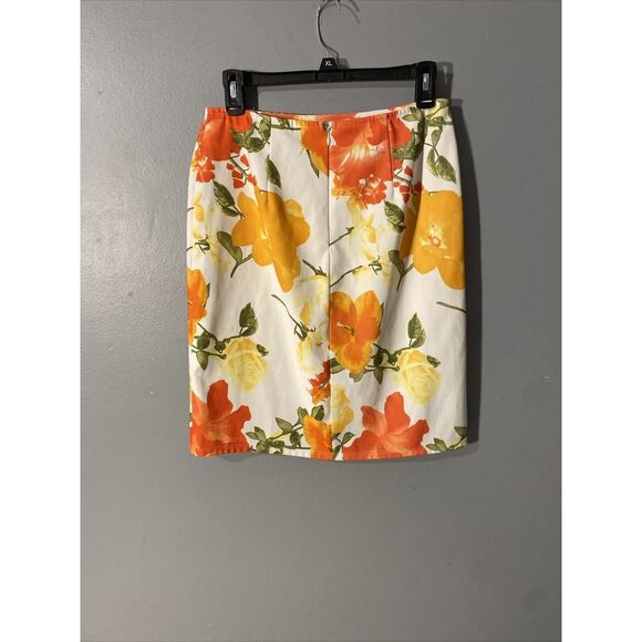 Aubrey Women's Skirt Bright Orange Yellow Floral Print Large MIDI‎ No Lining - Picture 2 of 6